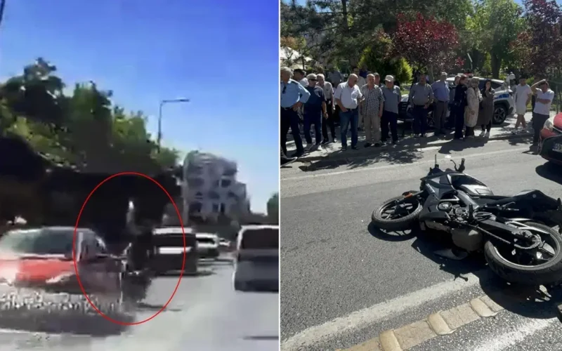İki Şeridin Arasında Kalan Motosiklet, İki Araca Çarparak Kaza Yaptı